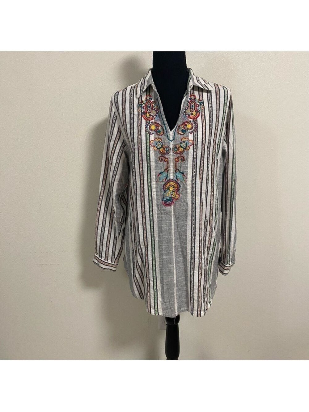 Soft Surrounding Shirt women’s size medium striped Embroidered Tunic long sleeve